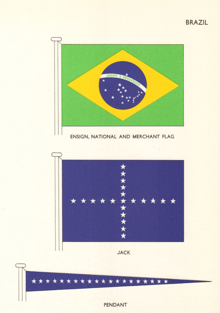 BRAZIL FLAGS. Ensign, National and Merchant Flag, Jack, Pendant 1964 old print